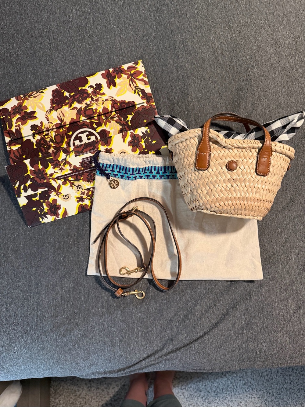 Tory Burch Straw Mini Tote with Brown Leather Trim and Black-White Scarf